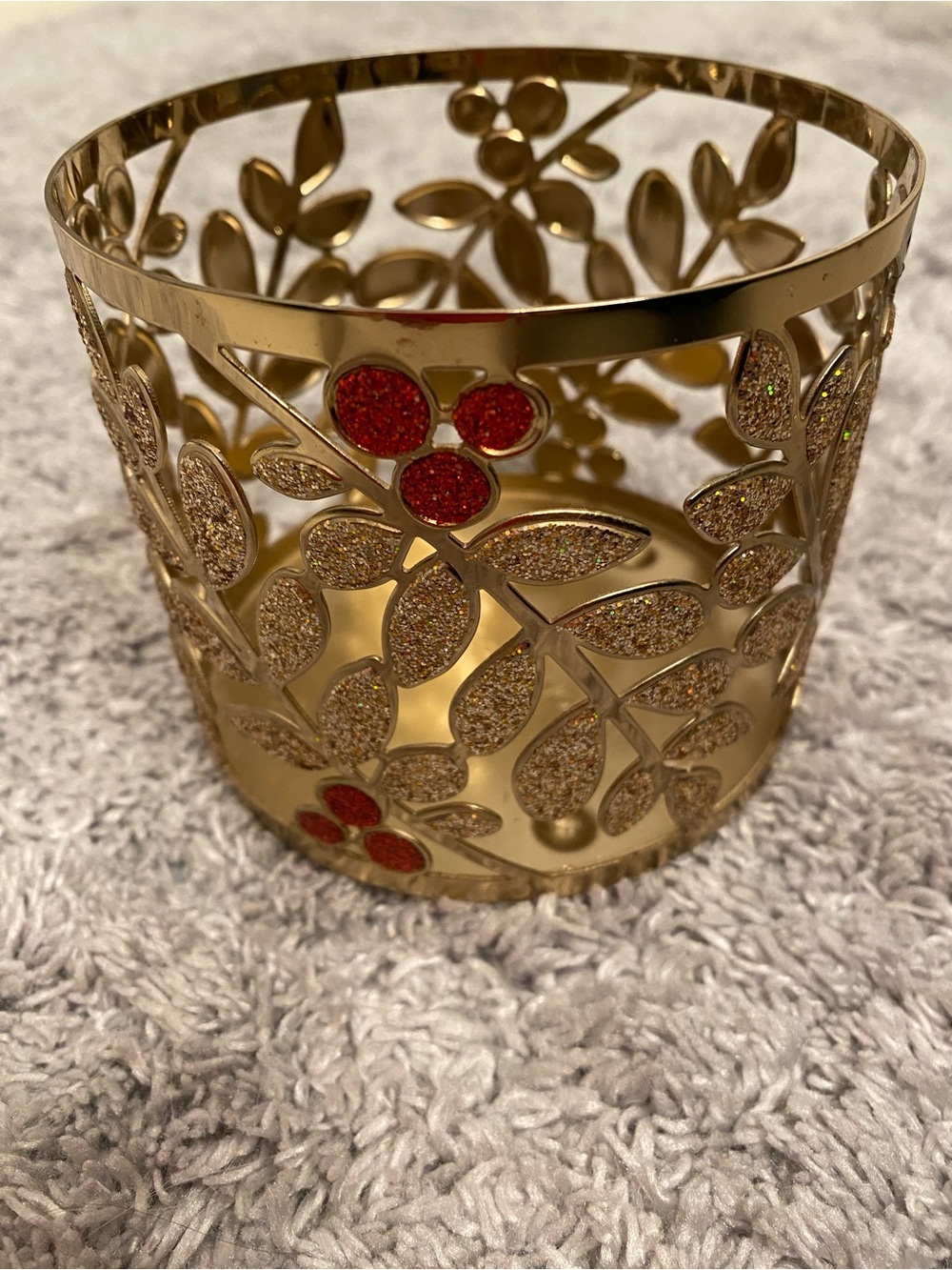 Bath & Body Works Gold Glitter Leaves Candle Holder with Red Glitter Accents